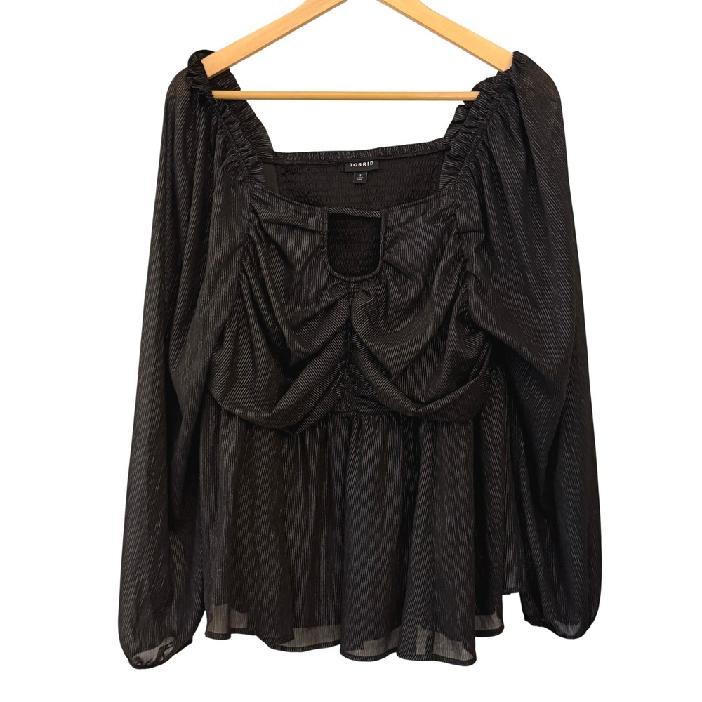 Torrid Peplum Top Womens 1 Black Silver Metallic Pinstripe‎ Ruched Smock